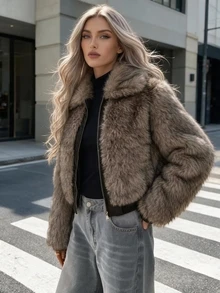 Women's Slim Fit Faux Fur Coat, Winter Zipper Street Style Jacket With Large Collar And Pockets - Sepia - View 4