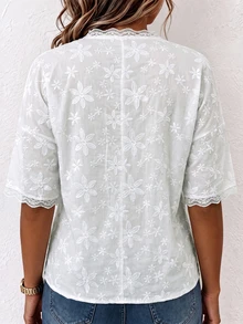 Plus Size Women's V-Neck Patchwork Embroidered Lace Front Button Casual Mid-Sleeve Top - White - View 2