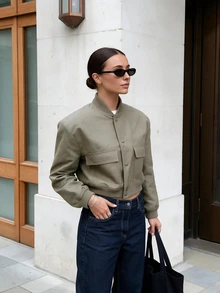 Women's Short Aviator Jacket, Flap Pocket Snap Button Closure, Lightweight Loose Baseball Collar Outerwear - Army Green - View 5