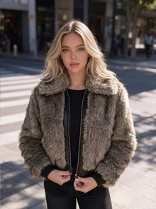 Women's Slim Fit Faux Fur Coat, Winter Zipper Street Style Jacket With Large Collar And Pockets - Sepia - View 8