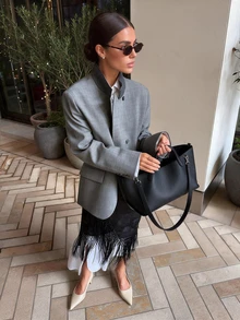 Women's Vintage Grey Oversized Blazer, Casual Autumn/Winter Outfit, Halloween Style - Grey - View 10
