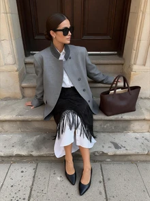 Women's Vintage Grey Oversized Blazer, Casual Autumn/Winter Outfit, Halloween Style - Grey - View 6