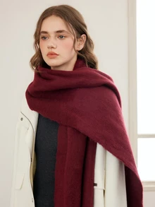 Okurime. 1pc Solid Color Scarf, Warm Neck Accessory For Winter, Thick Knitted Fringed Shawl, Suitable To Pair With Dresses - Burgundy - View 3