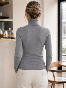 Women's Minimalist High Neck Knit Sweater, Slim Fit Long Sleeve Ribbed Cuff Warm Base Layer Sweater, Versatile Commuter Top For Autumn/Winter - Grey - View 2