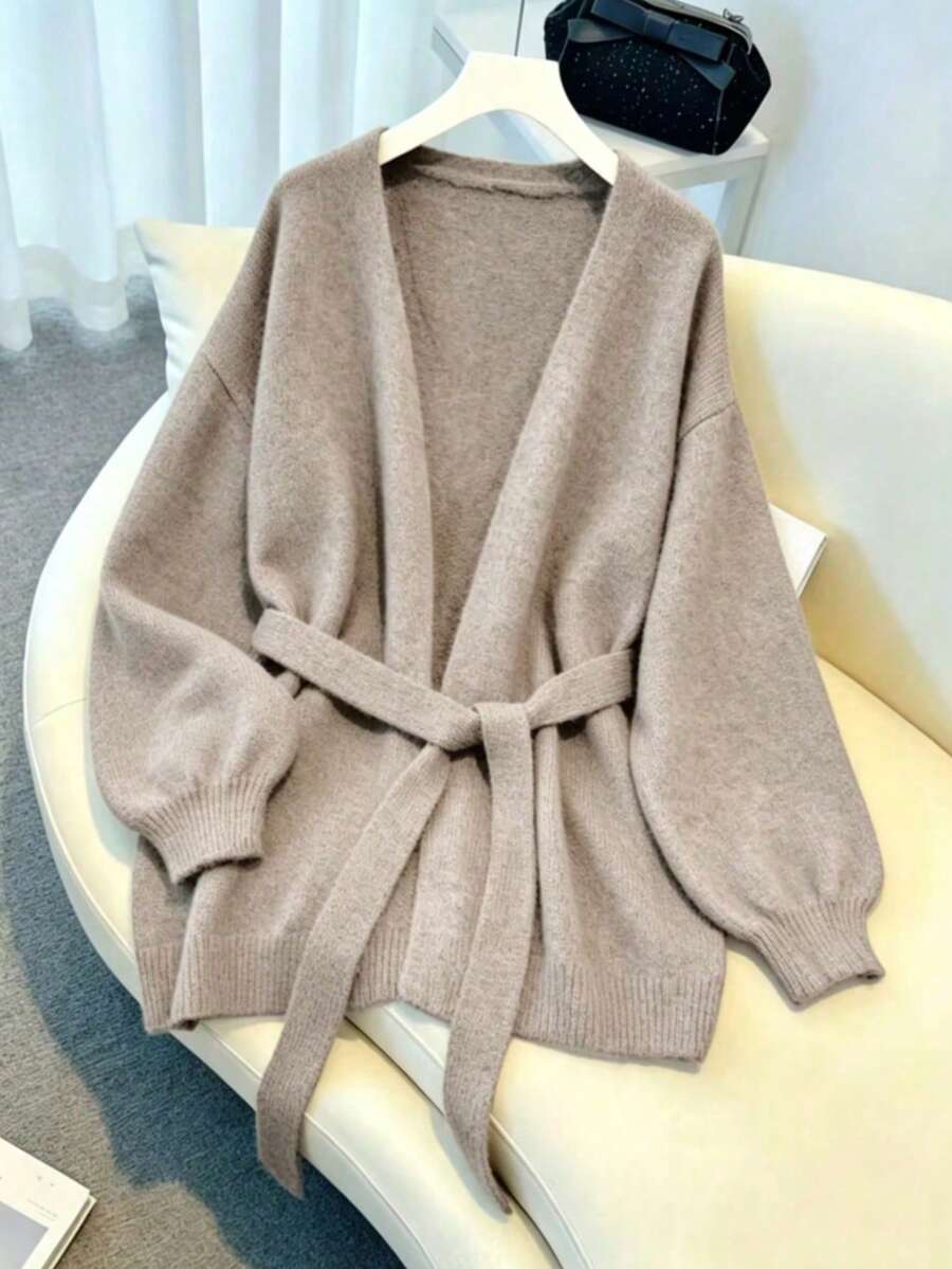 Plus Size Women's Vintage Autumn/Winter Lace-Up Front Knit Cardigan, Loose Lantern Sleeve Open Front, Suitable For Daily Wear - Khaki - View 1