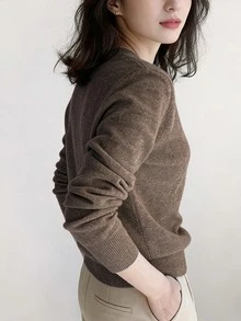 Women's V-Neck Long Sleeve Knit Sweater, Ribbed Knit Detail, High Elasticity Regular Fit, Suitable For Autumn/Winter Wear - Coffee Brown - View 2