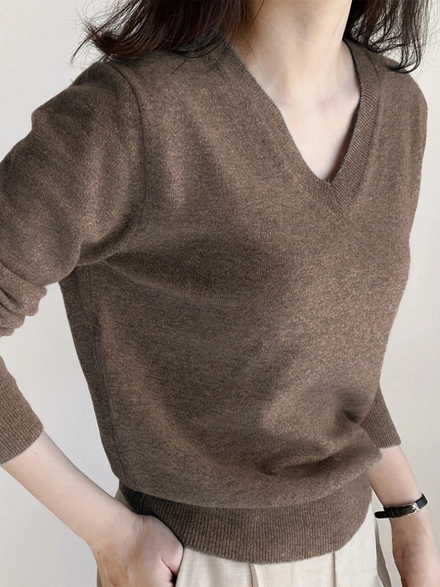 Women's V-Neck Long Sleeve Knit Sweater, Ribbed Knit Detail, High Elasticity Regular Fit, Suitable For Autumn/Winter Wear - Coffee Brown - View 1