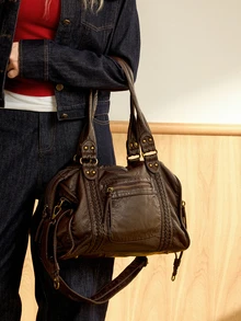 Hatastic Vintage Cool Street Style Tote Bag, Soft Washed PU Leather Large Capacity Handbag, Commute And Travel - Coffee Brown - View 4