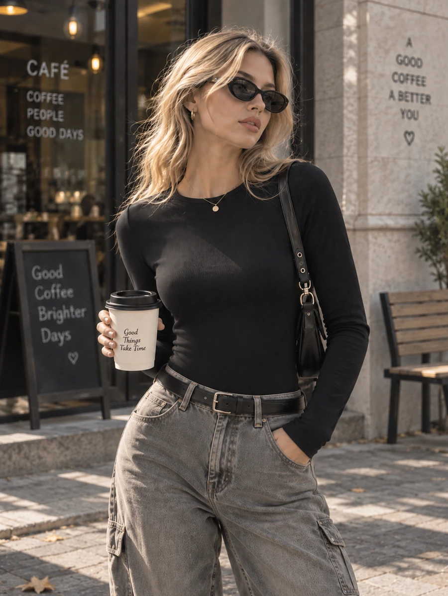 Women's Black Knitted Long Sleeve Crew Neck Ribbed Top, Medium Stretch Slim Fit, Suitable For Autumn - Black - View 1