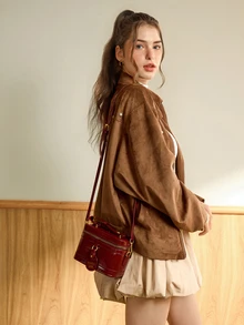 Hatastic New Fashion Classic Candy Color Letter Graphic Decor Camera Bag,  Woven Pattern Square Bag Suitable - Burgundy - View 3