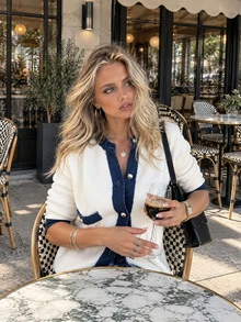 FOR BEAUTY Fall Winter Women Sweaters Elegant Casual Y2K White Contrast Patch Trim Button Front V Neck Long Sleeve Knit Cardigan Sweater Top - Apricot - View 7