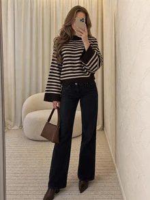MORI Fall Winter Women Sweaters Elegant Casual Y2K Brown Striped Mock Neck Wide Bell Sleeve Drop Shoulder Oversized Loose Knit Pullover Top - Brown - View 11