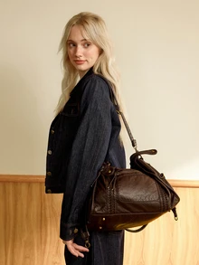 Hatastic Vintage Cool Street Style Tote Bag, Soft Washed PU Leather Large Capacity Handbag, Commute And Travel - Coffee Brown - View 3