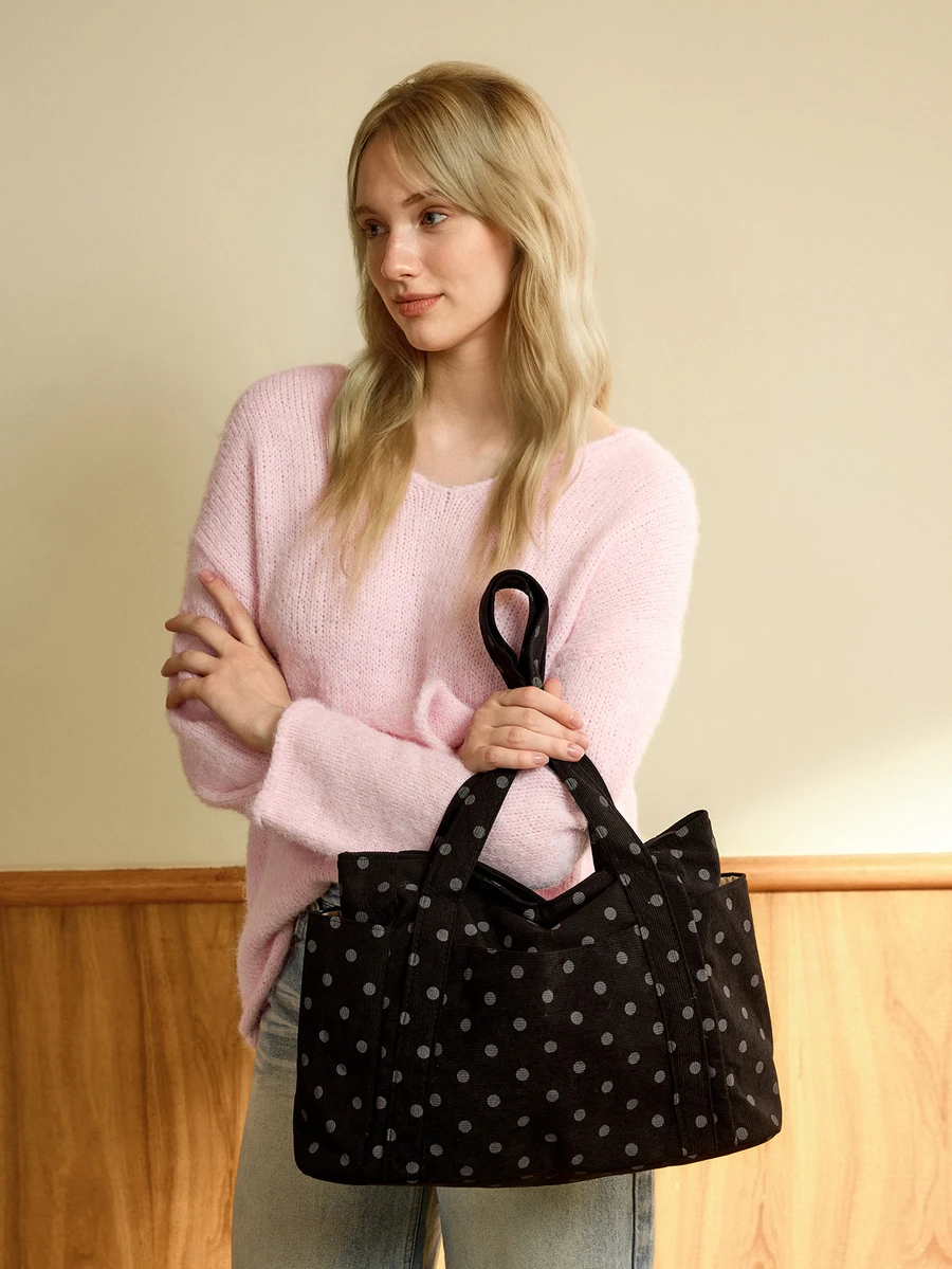 Hatastic New Polka Dot Large Capacity Shoulder Bag For Women, Versatile Commuter Nylon Fabric Tote Bag, Minimalist Solid Color Handbag - Black - View 1
