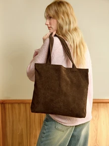 Hatastic 1pc Casual Solid Color Corduroy Simple Foldable Shoulder Handbag, New Fall Fashion 2025 For Women - Coffee Brown - View 4