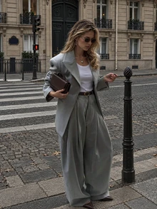 Women's Autumn Fashion Elegant Casual Grey Long Sleeve Blazer + Wide Leg Pants 2 Pieces Set, Suitable For Office Work And Outings - Grey - View 3