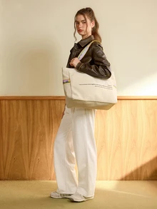 Hatastic Large Capacity Letter Print Casual Canvas Tote Bag, Minimalist Design Shoulder & Armpit Bag - Beige - View 2