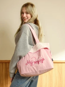 Hatastic Striped Letter Collegiate Style Women Tote Bag, Casual Large Capacity Student Bag, Reversible Design For School/Campus - Baby Pink - View 4