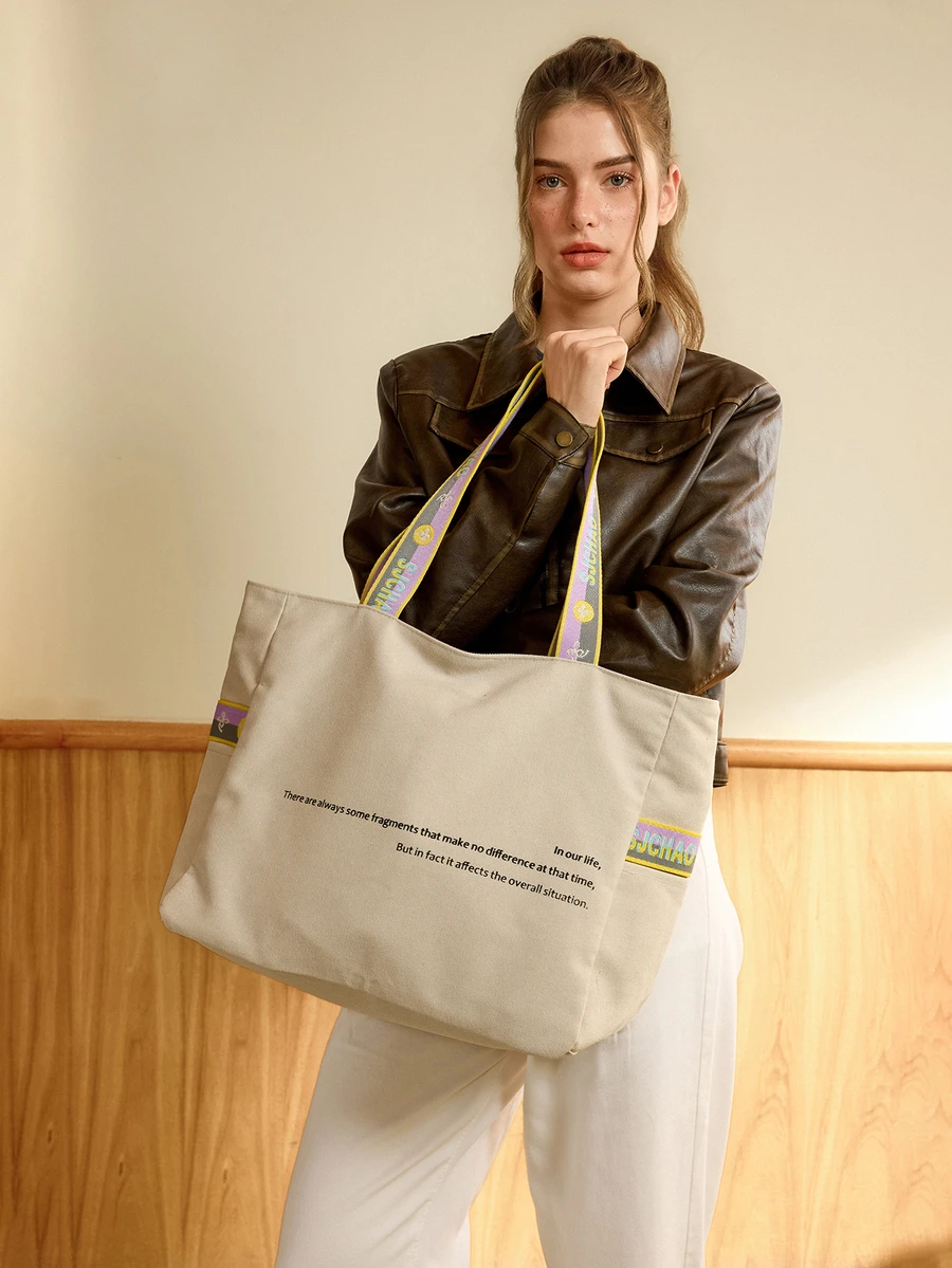 Hatastic Large Capacity Letter Print Casual Canvas Tote Bag, Minimalist Design Shoulder & Armpit Bag - Beige - View 1