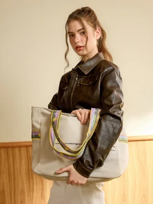Hatastic Large Capacity Letter Print Casual Canvas Tote Bag, Minimalist Design Shoulder & Armpit Bag - Beige - View 4