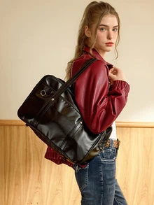 Hatastic 1pc Dark Blue PU Leather JK Uniform Ita Bag, Large Capacity Heart-Shaped Transparent Window Tote Handbag, Y2K Aesthetic Cute Ita Bag - Black - View 4