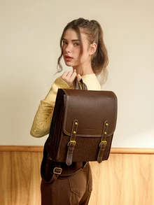 Hatastic 1pc Fashionable Flip-Cover Women's Backpack, (13in*10.21in*5.9in) Bicolor Plaid, Suitable For Students And Office, Christmas Gift - Multicolor - View 3