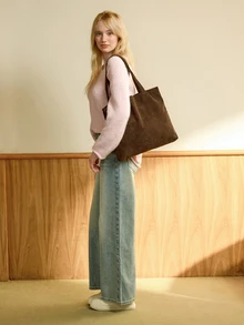 Hatastic 1pc Casual Solid Color Corduroy Simple Foldable Shoulder Handbag, New Fall Fashion 2025 For Women - Coffee Brown - View 2