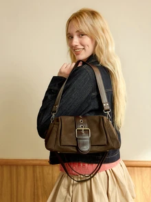 Hatastic New Vintage Fashion Square Bag, Metal Buckle Decoration, Flap Opening Shoulder Bag. Adjustable Long Strap - Coffee - View 1