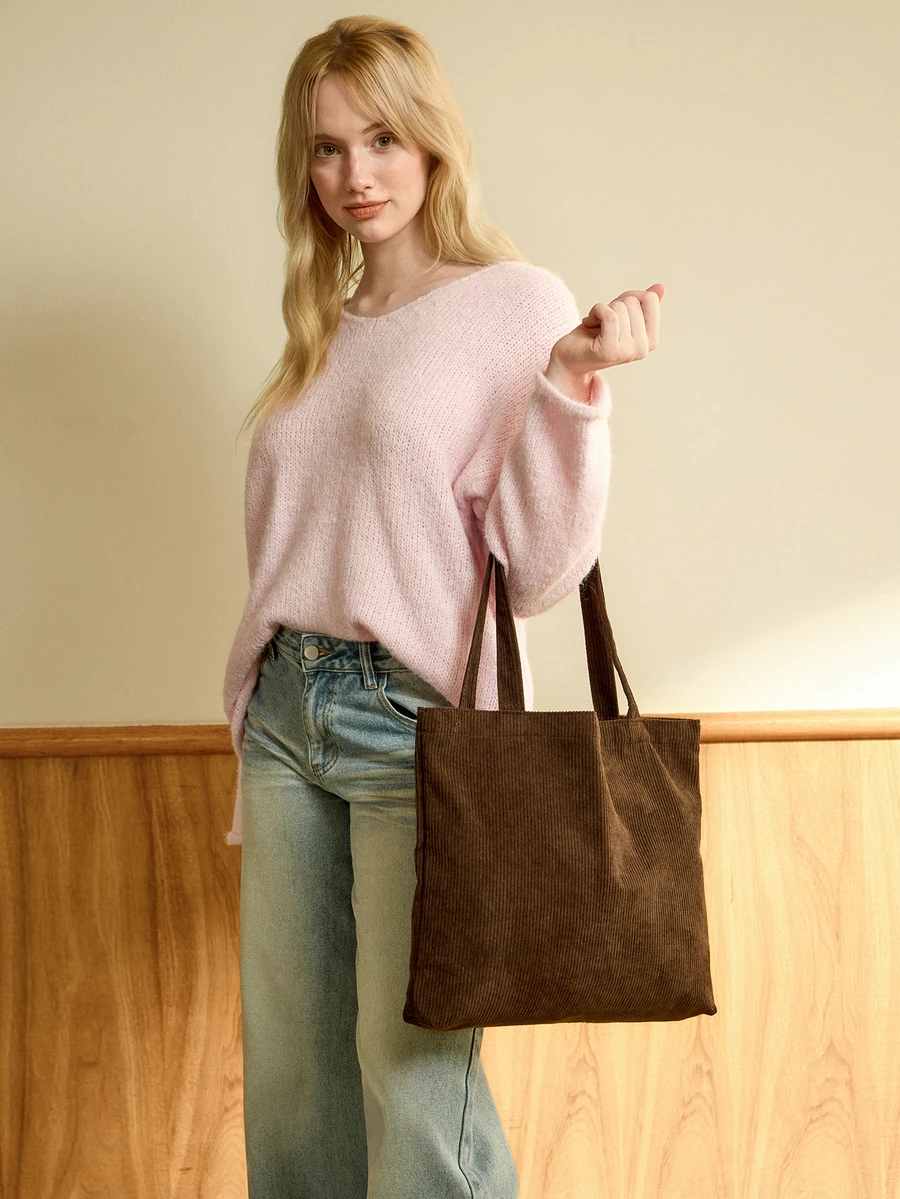 Hatastic 1pc Casual Solid Color Corduroy Simple Foldable Shoulder Handbag, New Fall Fashion 2025 For Women - Coffee Brown - View 1