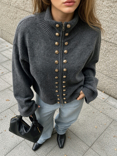 MORI Cardigan de Malha para Mulher, Outono/Inverno, Elegante e Casual Y2K, Cinzento, com Fecho de Correr, Gola Alta, Botões Dourados, Peito Duplo e Ombros Caídos