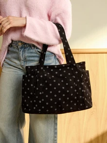 Hatastic New Polka Dot Large Capacity Shoulder Bag For Women, Versatile Commuter Nylon Fabric Tote Bag, Minimalist Solid Color Handbag - Black - View 3
