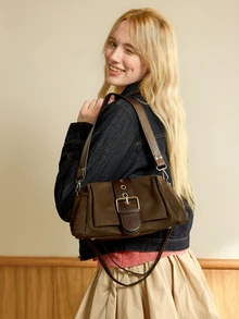 Hatastic New Vintage Fashion Square Bag, Metal Buckle Decoration, Flap Opening Shoulder Bag. Adjustable Long Strap - Coffee - View 3