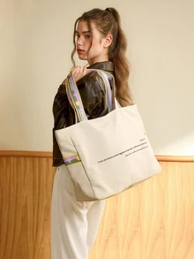 Hatastic Large Capacity Letter Print Casual Canvas Tote Bag, Minimalist Design Shoulder & Armpit Bag - Beige - View 3