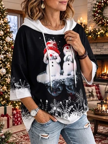 Women's Plus Size Christmas Snowman Print Sweatshirt, Casual 3/4 Sleeve Drawstring Pullover - Black and White - View 1