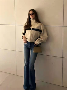 Women's Striped Colorblock Zipper Pocket Baseball Jacket Halloween - Khaki - View 1