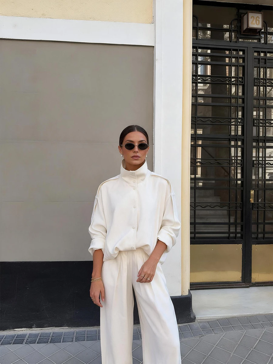 Women's Minimalist Silhouette Aviator Jacket With Stand Collar And Single-Breasted Button, Autumn Outerwear - White - View 1