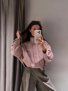 女款復古格紋工裝襯衫外套，時尚立領修身版型外衣 - 粉色 - 查看 2