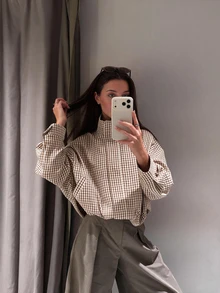 Women's Vintage Plaid Utility Shirt Jacket, Fashionable Stand Collar Slim Fit Outerwear - Khaki - View 8
