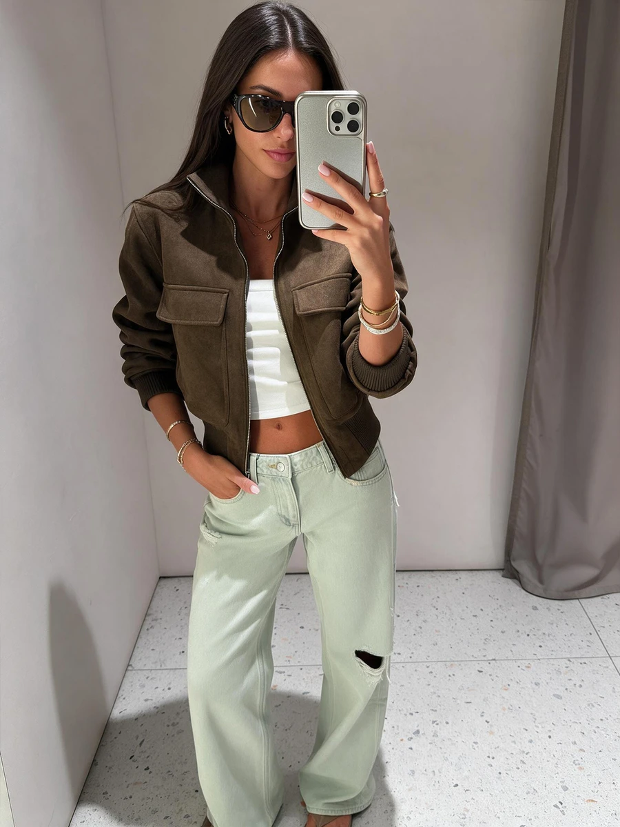 Women's Autumn Vintage Brown Faux Suede Short Jacket, Zipper Flight Jacket, Street Style Motorcycle Casual Top - Olive Green - View 1