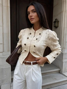 Women's Vintage Lace Top, Military Style Button-Front Puff Sleeve Elegant Blouse - Apricot - View 4