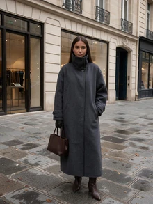 Women's Autumn/Winter New Fashion Wool Coat, Button Front Trench Coat, Loose Comfortable Minimalist Jacket - Black and Gray - View 3