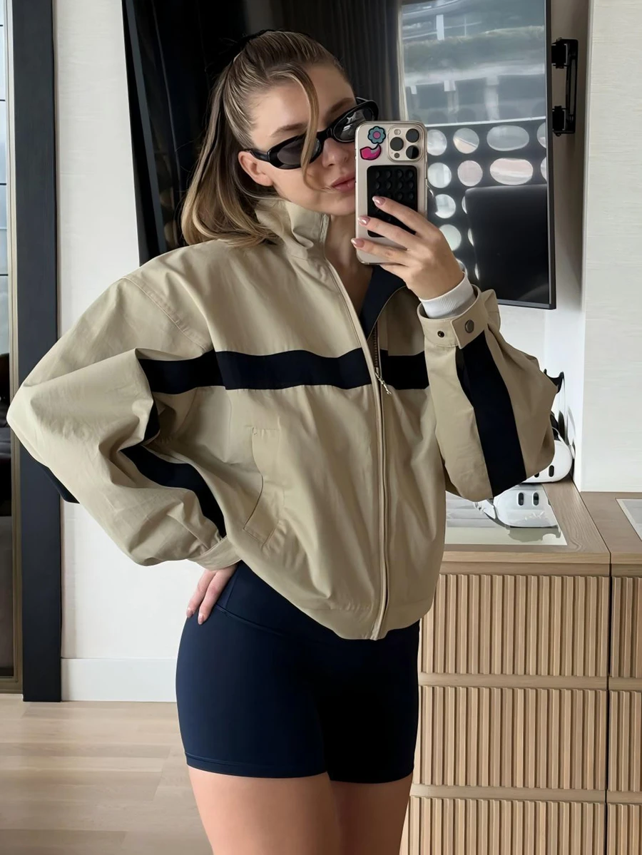 Women's Striped Colorblock Zipper Pocket Baseball Jacket Halloween - Khaki - View 1