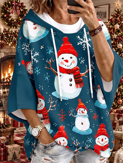 Plus Size Fashion Printed Christmas Snowman Snowflake Pattern Drawstring Casual Vacation Sweatshirt