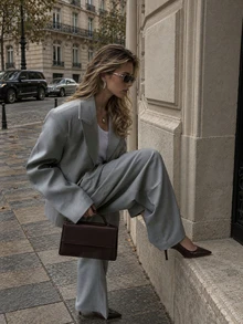 Women's Autumn Fashion Elegant Casual Grey Long Sleeve Blazer + Wide Leg Pants 2 Pieces Set, Suitable For Office Work And Outings - Grey - View 2