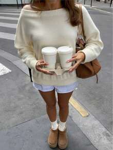 Plus Size Women Solid Color Asymmetrical Shoulder Casual Daily Long Sleeve Sweater - Beige - View 2