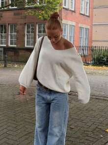 Plus Size Women's Asymmetrical Cold Shoulder Long Puff Sleeve V-Neck Loose Knit Pullover Sweater, Suitable For Daily Wear, Autumn/Winter - White - View 1