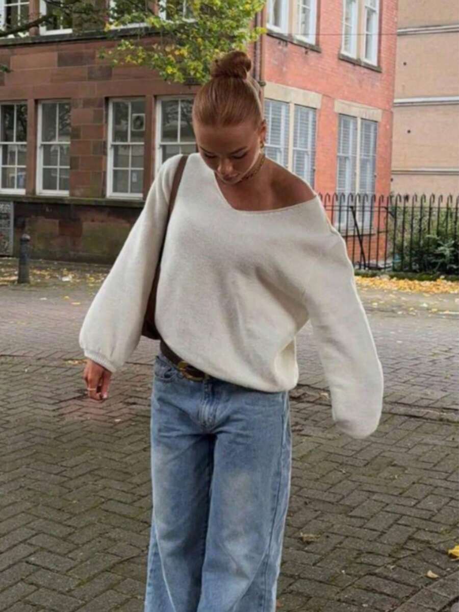 Plus Size Women's Asymmetrical Cold Shoulder Long Puff Sleeve V-Neck Loose Knit Pullover Sweater, Suitable For Daily Wear, Autumn/Winter - White - View 1