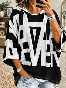 Plus Size Women's Fashion Letter Print Colorblock Hooded Sweatshirt, 3/4 Drop Shoulder Sleeve, Versatile For Autumn/Winter - Black - View 1