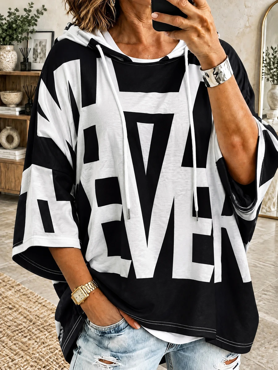 Plus Size Women's Fashion Letter Print Colorblock Hooded Sweatshirt, 3/4 Drop Shoulder Sleeve, Versatile For Autumn/Winter - Black - View 1