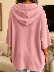 Plus Size Women's New Solid Color Knit Hooded Drawstring Waffle Casual Top - Pink - View 2